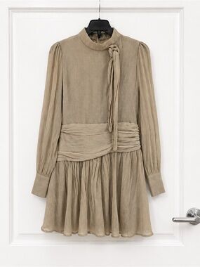 Tie-Neck Long Sleeve Mini Dress in Taupe